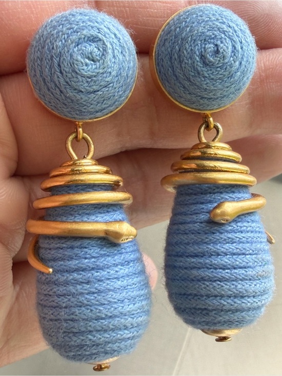 Jewelry - Hand-Wrapped Light Blue Woven Textile Drop Earrings with Gold Serpent Accents